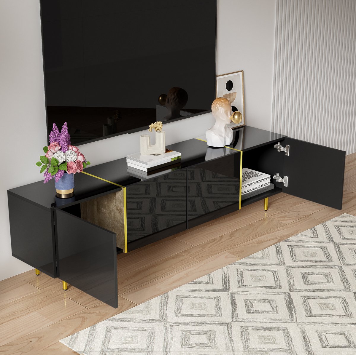 COVREO TV meubel 170 x 35 x 46 cm - zwart hoogglans, MDF, 4 deuren, soft-close