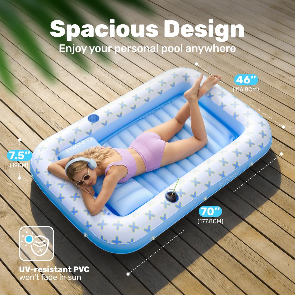 SnelShoppen - Opblaasbare zonnebank ligstoel vlotter 177,8 x 116,8 cm voor volwassenen met kussen, 4-in-1 drijver voor zonnebaden, ideaal voor zwembad