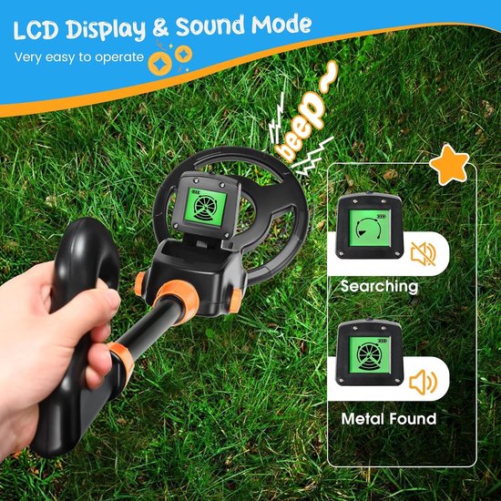 Lichtgewicht metaaldetector voor kinderen met LCD-display, waterdichte zoekspoel en accessoires zoals schepje en zeven — afbeelding 2