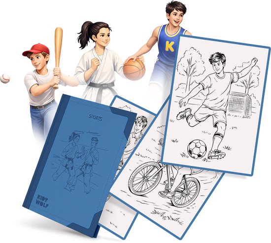 Kinderen met sportattributen en tekeningen van sporten zoals voetbal, fietsen.