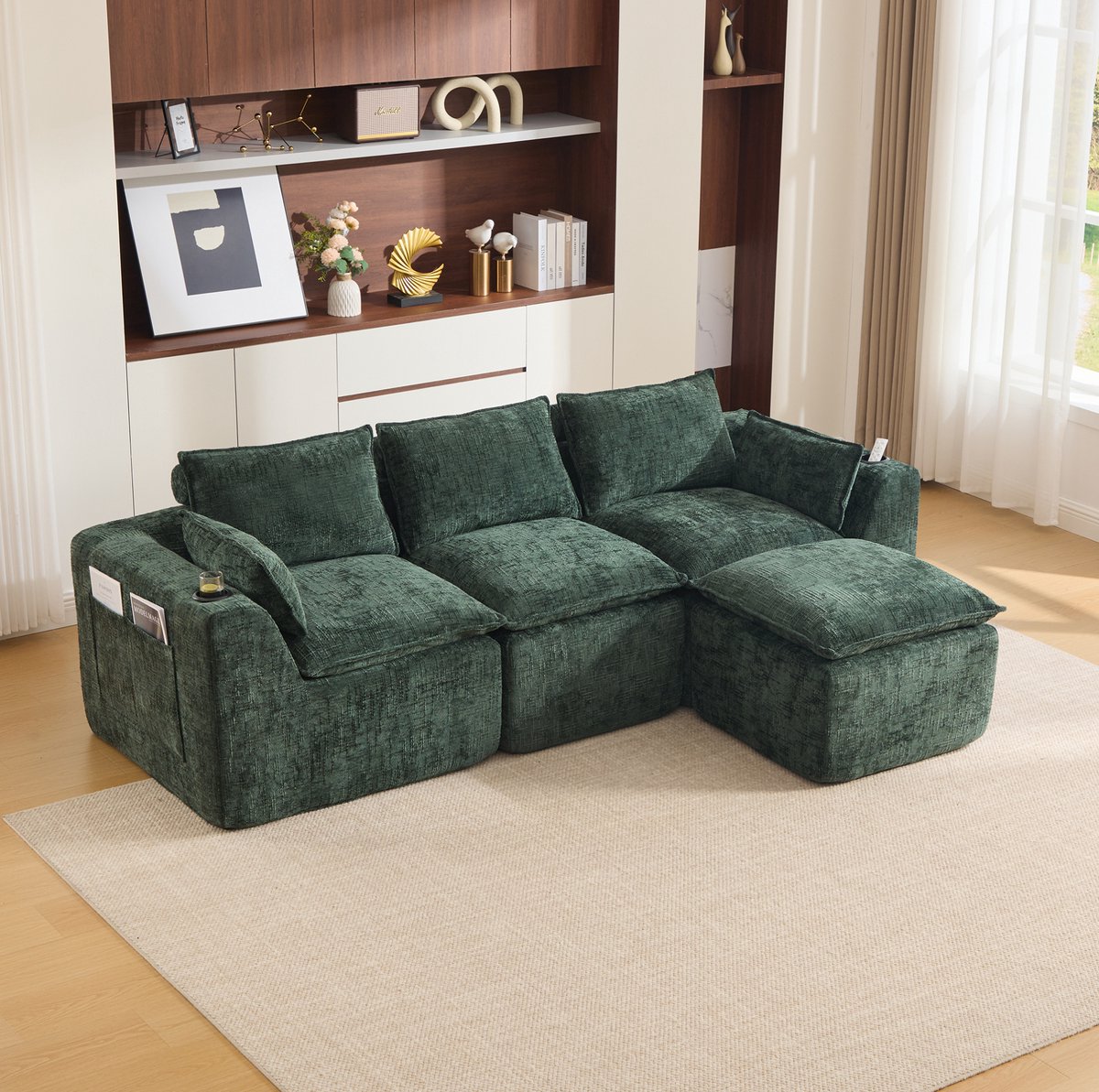 REDOM - Bank - Modulaire 3-zits bank met voetbank, kussens, bekerhouder en 2 zijvakken - Chenille - Groen - 256 x 161 x 75 cm