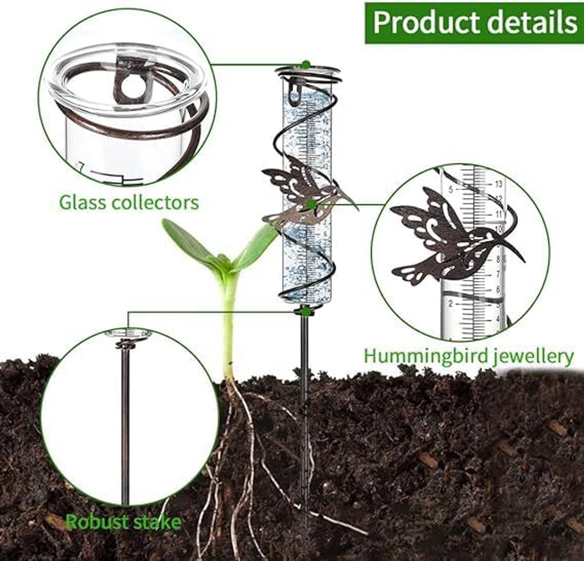 SnelShoppen - 7 Inch Outdoor Regenmeter - Glazen Neerslagmeter met Duidelijke Schaal, Afneembare Neerslagmeter met Grondpen - Ideaal voor Tuin, Gazon,