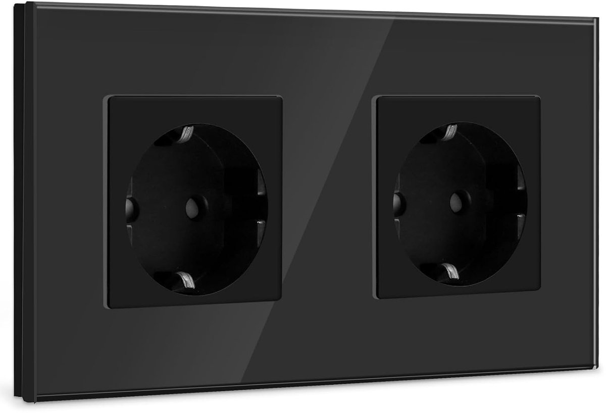 SnelShoppen - Schuko 2-Weg Wandcontactdoos met Glazen Paneel, Flush-Mounted 16Amp EU Standaard, Dubbele Stopcontacten, Zwart voor Thuis, Kantoor, Keuk