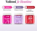 Drie potjes Novomins gummies: Collagen, Magnesium, Iron. Labels met "SUGAR FREE".