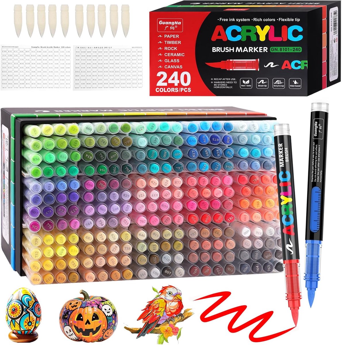 Thijox - Funnasting 240 Kleuren Acrylverf Pennen - Zachte Penseelpunt Acryl Markeerstiften voor Creatieve Ambachten, Kunst, Glas, Stof, Eieren, Rotssc