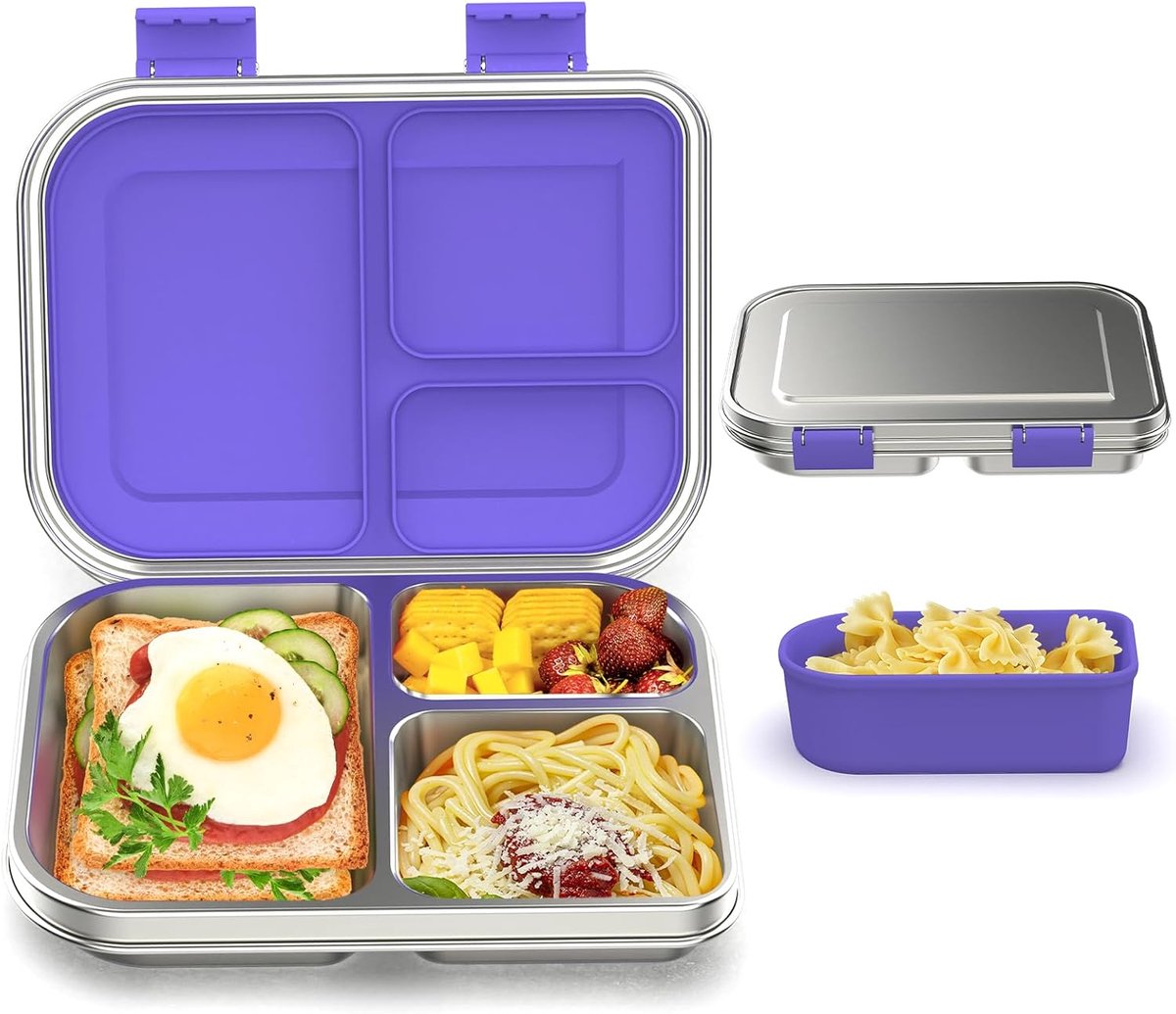 Thijox - Roestvrijstalen Lunchbox voor Kinderen - Lekvrije Bento Lunchbox met 3 Vakken en Siliconen Houder - Vaatwasmachinebestendig - Kindvriendelijk