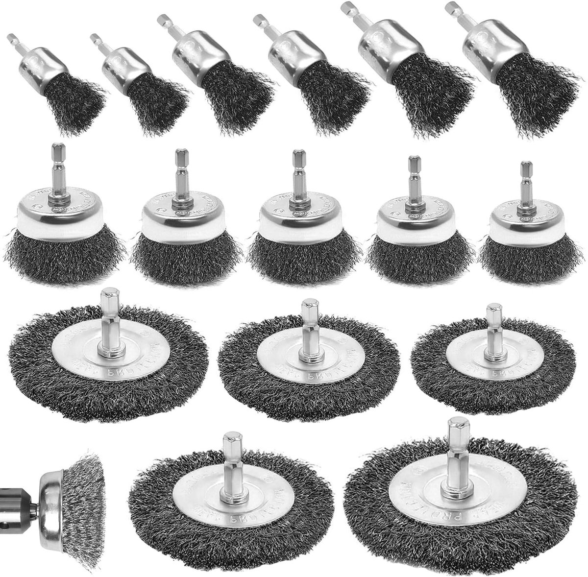 Thijox - 16 stuks Draadborstel Set voor Boormachine - Draadborstels met 6mm Zeskantstang - Voor Polijsten, Schuren, Ontijzen, Ontbramen - Diverse Mate