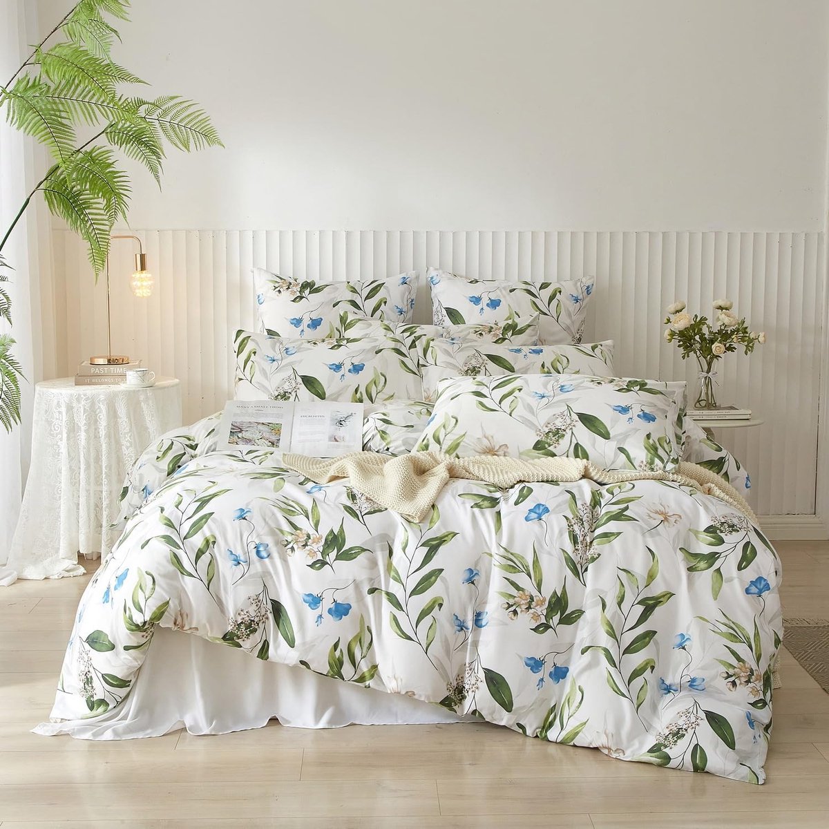 SnelShoppen - Bedlinnen Set 200x200 cm - Bloemen Groen Witte Bloemen - Zacht Microfiber Dekbedovertrek met Rits - 3 delig Kussenhoezen 80x80 cm