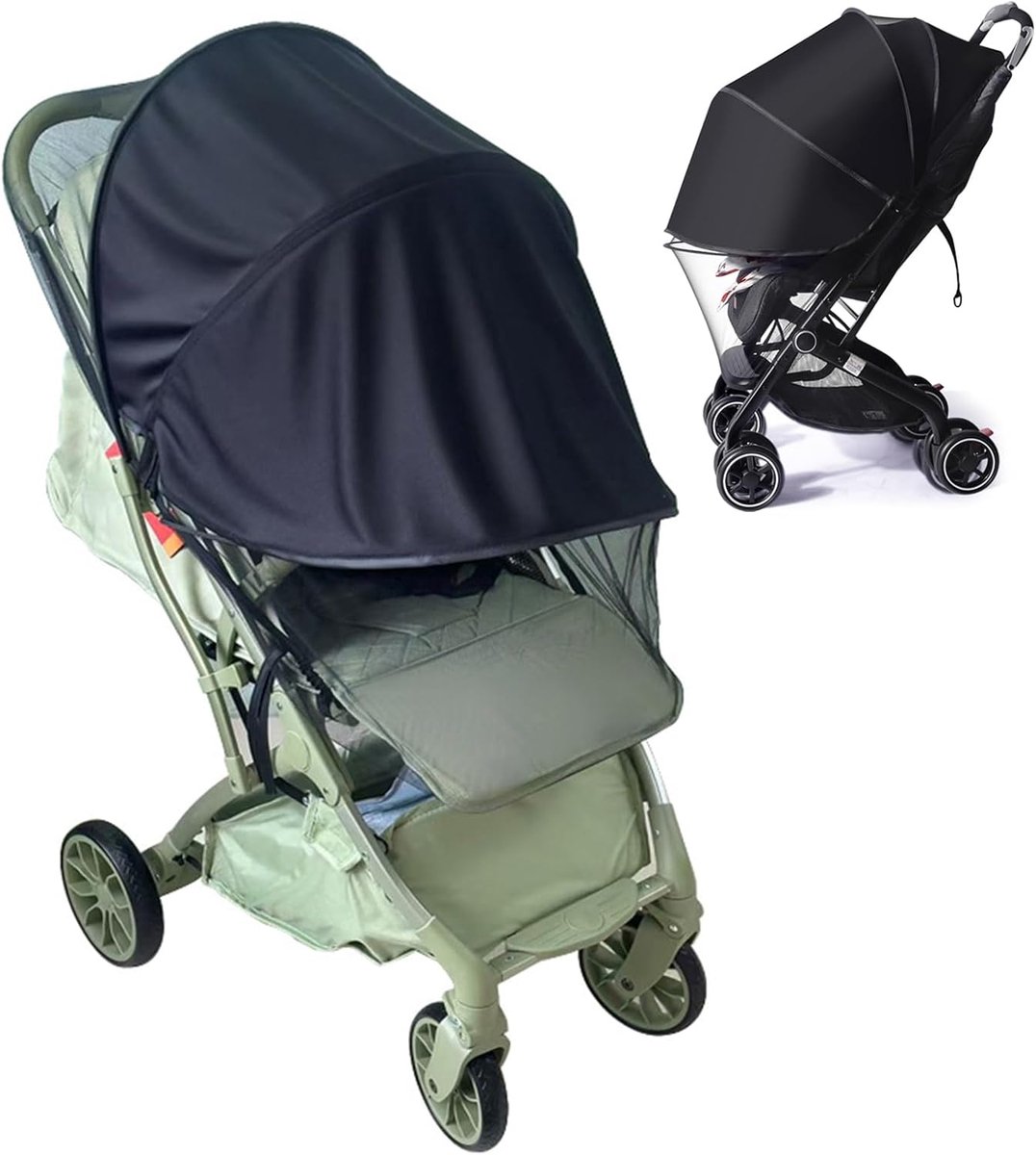 Zonwering Kinderwagen 2-in-1 - UV-bescherming 50+ - Muggennet - Ademend - Universeel - Robuust materiaal - Kinderwagenparasol