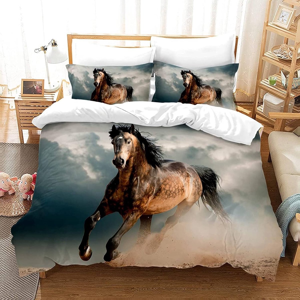 SnelShoppen - Beddengoedset Paard 3-delig - Dekbedovertrek 200x200 cm - 3D-print Dierenmotief - Microvezel - Ademend en Kreukbestendig - Perfect voor