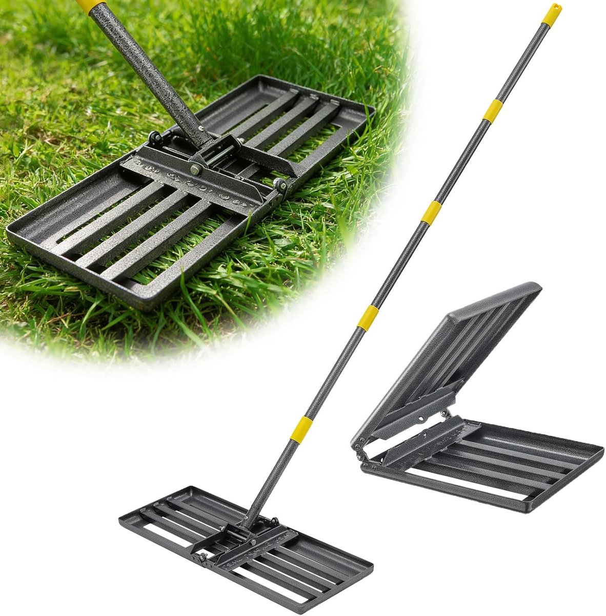 Thijox - Gazonhark 220 cm, Inklapbare Nivelleerhark met 68 x 25 cm Kop, Multifunctioneel Tuingereedschap voor Gazononderhoud, Robuust Metaal, Ruimtebe