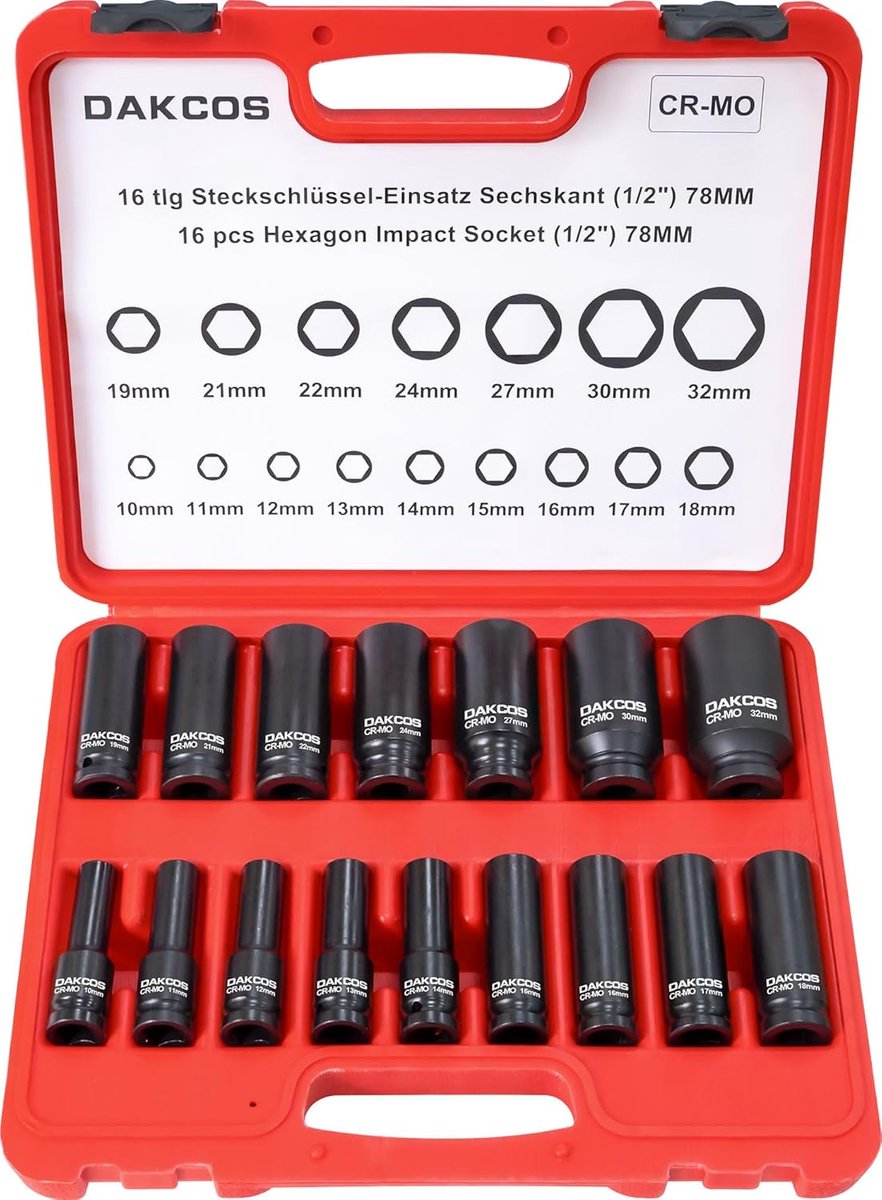 Thijox - 16-delige 1/2" zeskant kracht doppenset - Diepe socket metrisch 10-32 mm voor slagmoersleutel en momentsleutel, gemaakt van duurzaam CR-MO st