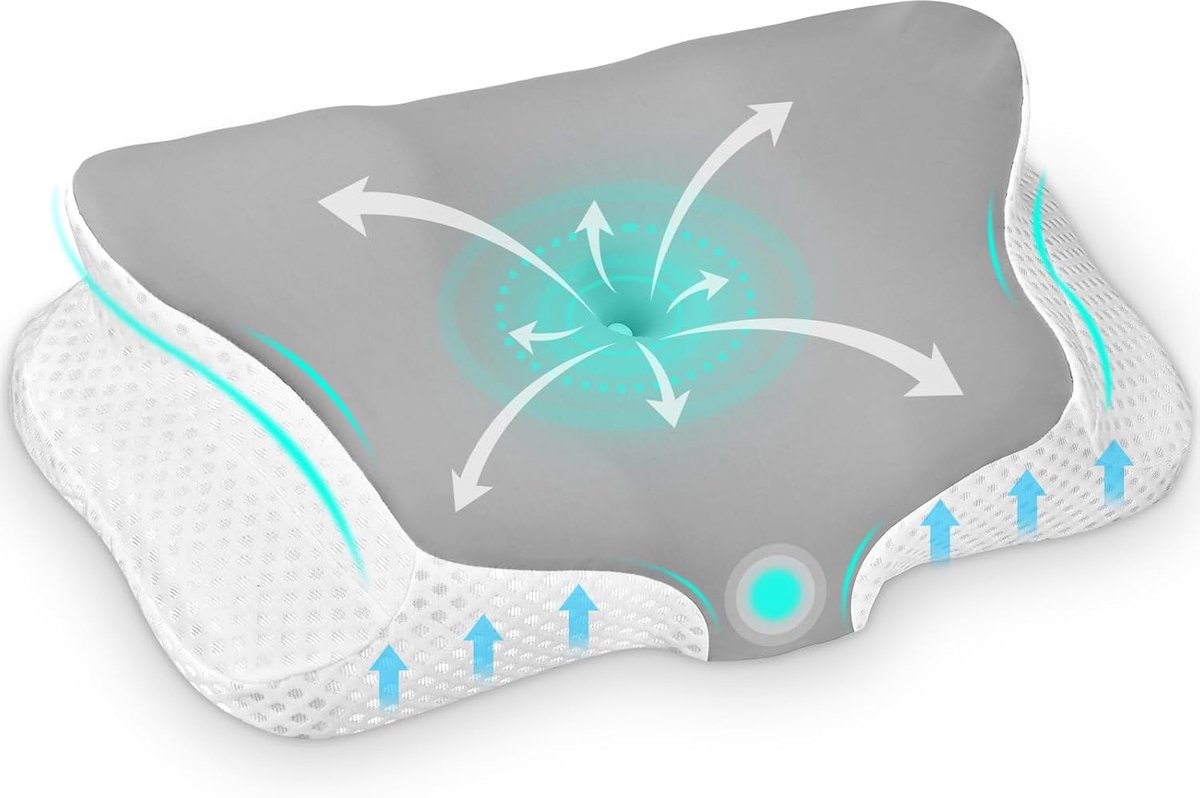 SnelShoppen - Ergonomisch Neksteun Kussen, Memory Foam, Hoofdkussen voor Zijslapers, Rug- en Buikslapers, 62 x 41 x 12 cm, Grijs/Wit, Ideaal voor Thui