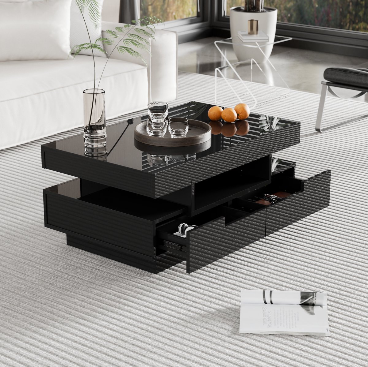 COVREO Salontafel 80x50x36 cm - hoogglans zwart met LED-lichtleiste, 4 laden