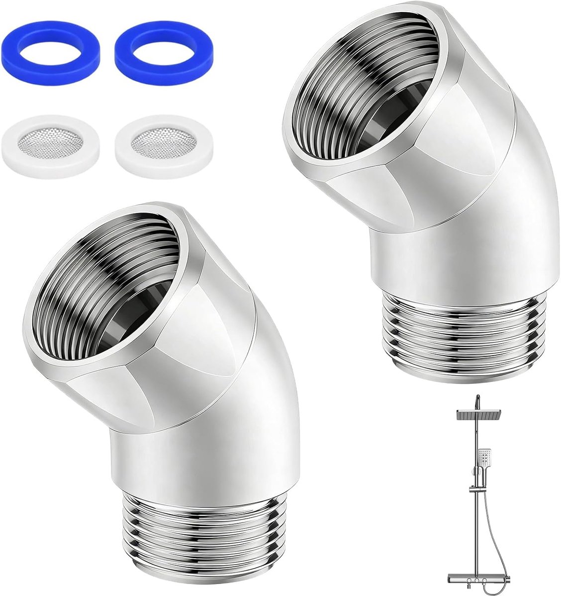 Thijox - Set van 2 Doucheslangadapters 135 Graden - Universele Douchehoekversteller van Roestvrij Staal - Scharnierend Douchekop en Handdouche Adapter