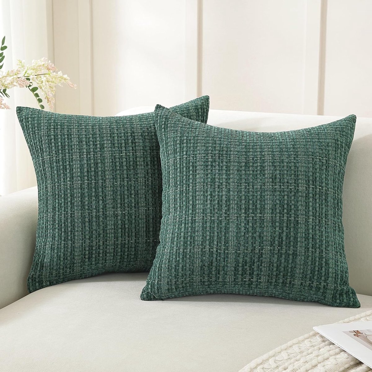 SnelShoppen - Set van 2 Decoratieve Kussenhoezen 40x40 cm - Kleurrijke Vierkante Kussenhoezen voor Sofa en Bed - Forest Green Chenille Kussen Covers m