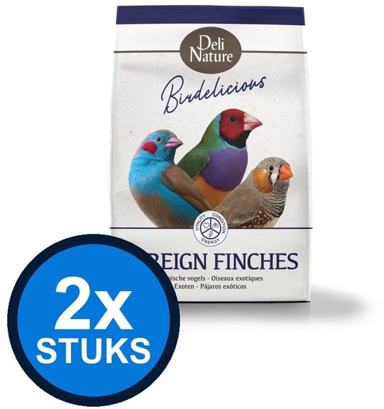 Deli Nature Birdelicious voer voor tropische vogels met afbeeldingen van drie kleurrijke vinken.