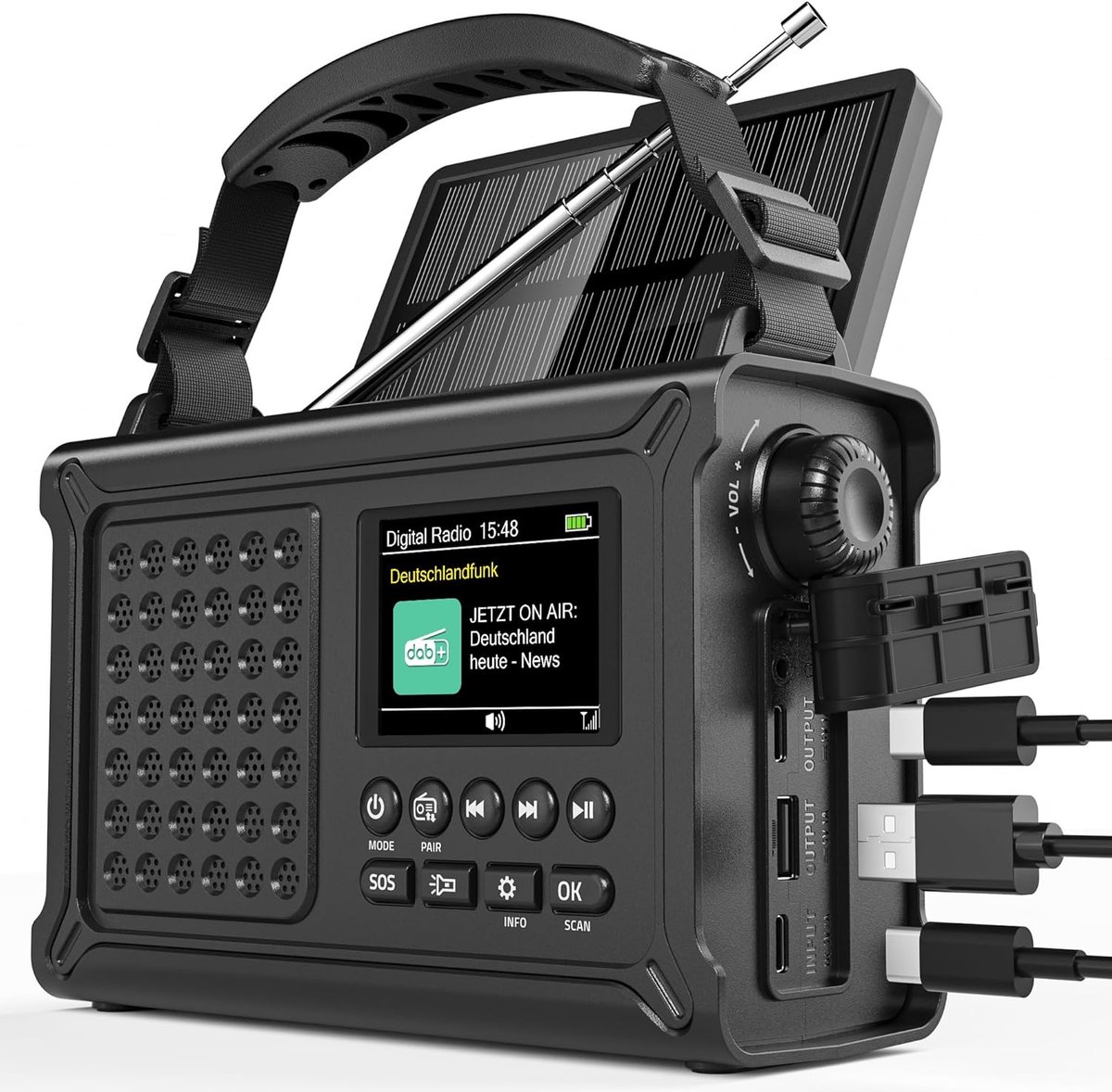 Thijox - Noodradio met Handslinger, DAB+/FM-radio, 12000 mAh Batterij, 8500 mm² Zonnepaneel, 650 mA Handdynamo, Bluetooth 5.0, Zaklamp, Powerbank, USB