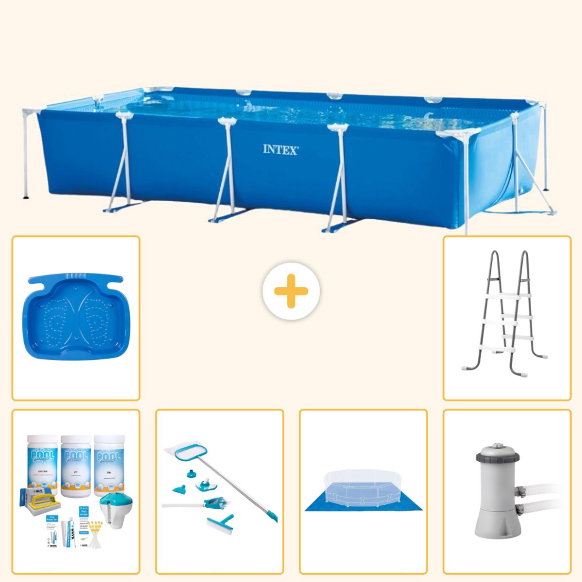 Intex Rechthoekig Frame Zwembad - 450 x 220 x 84 cm - Blauw - Inclusief Onderhoudspakket - Schoonmaakset - Grondzeil - Zwembadfilterpomp - Voetenbad - Ladder - 7-delig