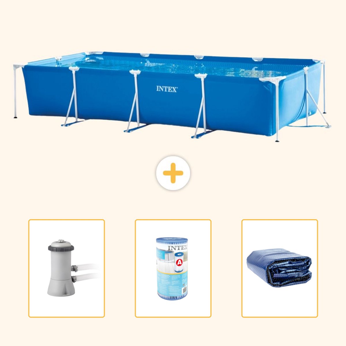 Intex Rechthoekig Frame Zwembad - 450 x 220 x 84 cm - Blauw - Inclusief Zwembadfilterpomp - Filter - Solarzeil - 4-delig