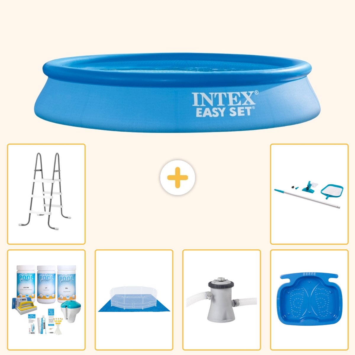 Intex Rond Opblaasbaar Easy Set Zwembad - 305 x 61 cm - Blauw - Inclusief Onderhoudspakket - Grondzeil - Zwembadfilterpomp - Voetenbad - Ladder - Schoonmaakset - 7-delig