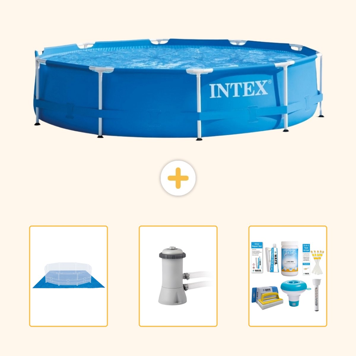 Intex Rond Frame Zwembad - 366 x 76 cm - Blauw - Inclusief Grondzeil - Zwembadfilterpomp - Onderhoudspakket - 4-delig