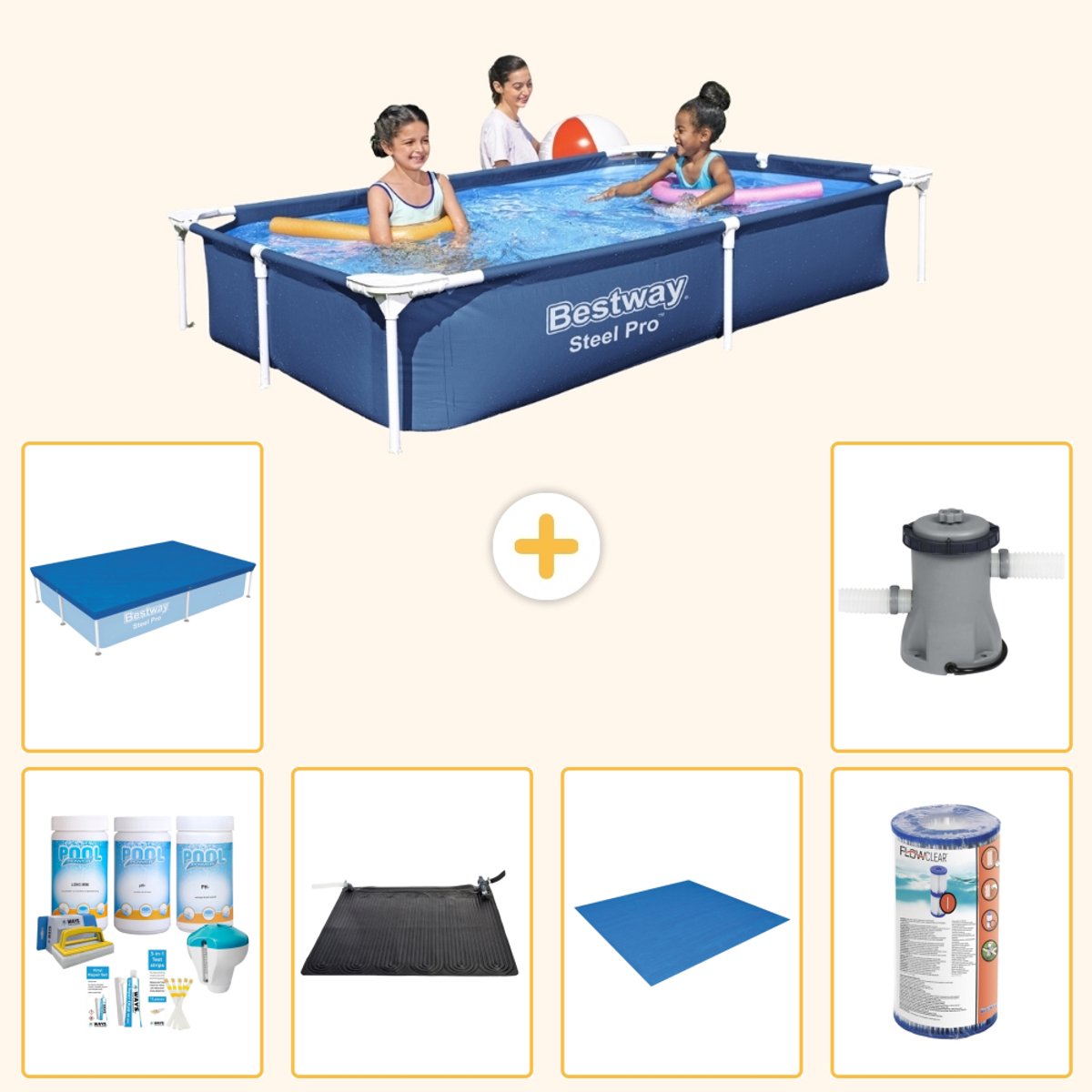 Bestway Rechthoekig Steel Pro Zwembad - 221 x 150 x 43 cm - Blauw - Inclusief Onderhoudspakket - Solar Mat - Grondzeil - Filter - Afdekzeil - Zwembadfilterpomp - 7-delig