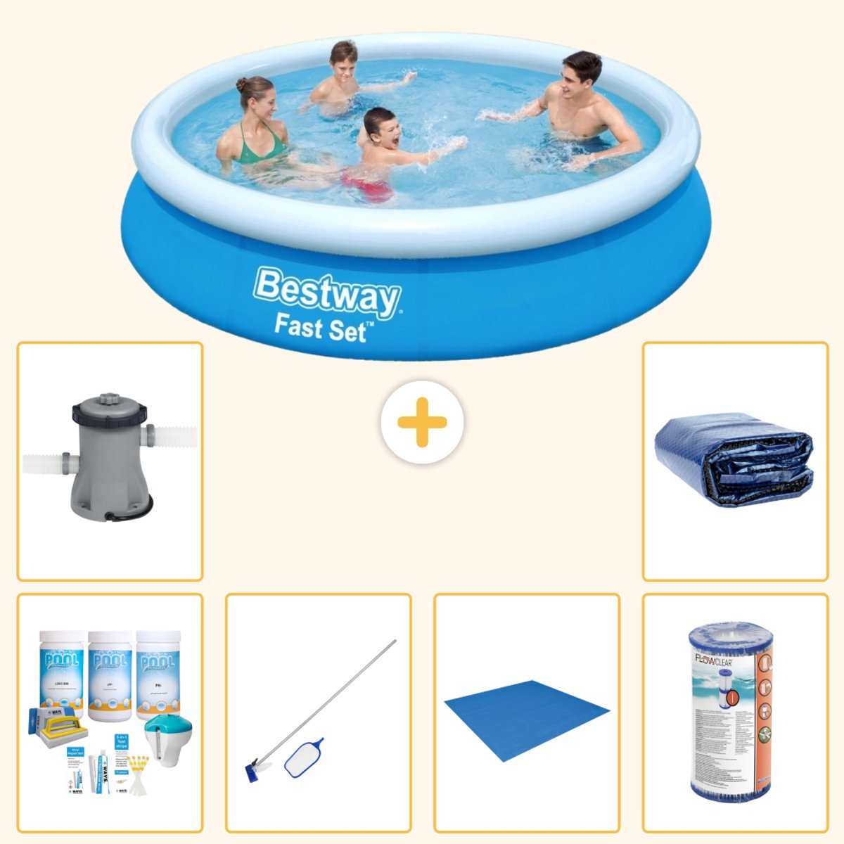 Bestway Rond Opblaasbaar Fast Set Zwembad - 366 x 76 cm - Blauw - Inclusief Onderhoudspakket - Schoonmaakset - Grondzeil - Filter - Zwembadfilterpomp - Solarzeil - 7-delig