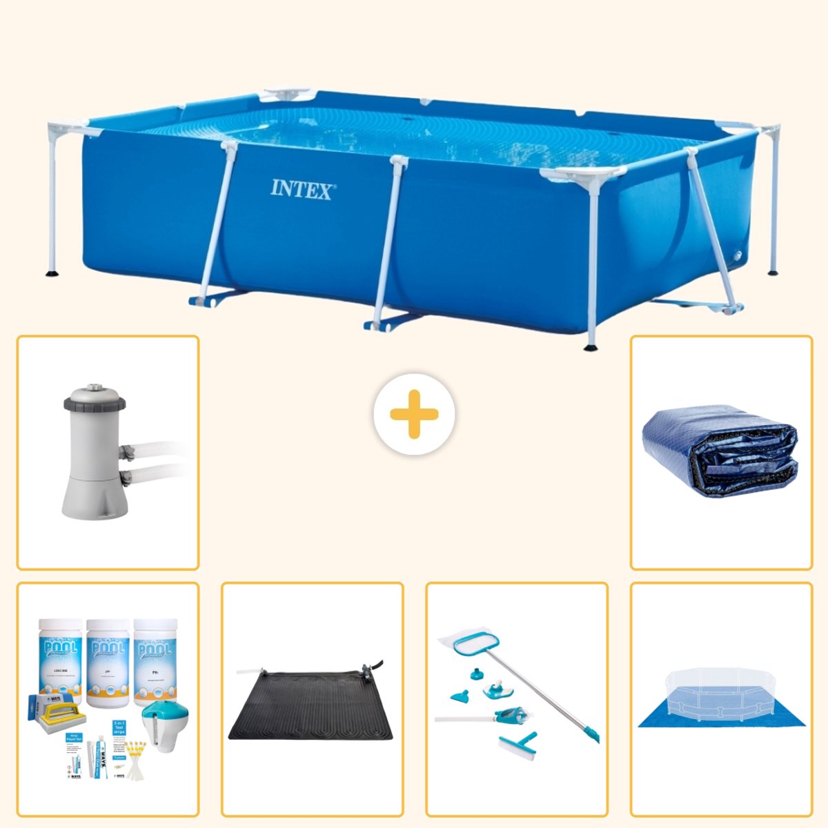 Intex Rechthoekig Frame Zwembad - 300 x 200 x 75 cm - Blauw - Inclusief Onderhoudspakket - Solar Mat - Schoonmaakset - Grondzeil - Zwembadfilterpomp - Solarzeil - 7-delig