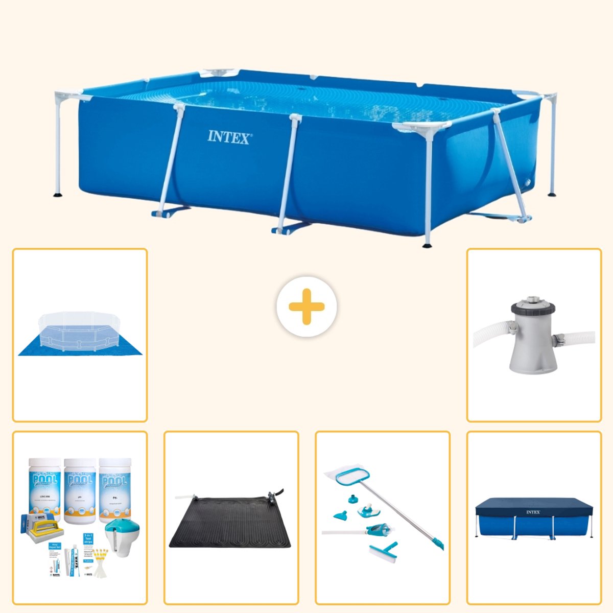Intex Rechthoekig Frame Zwembad – 260 x 160 x 65 cm – Blauw – Inclusief Onderhoudspakket – Solar Mat – Schoonmaakset – Afdekzeil – Grondzeil – Zwembadfilterpomp – 7-delig