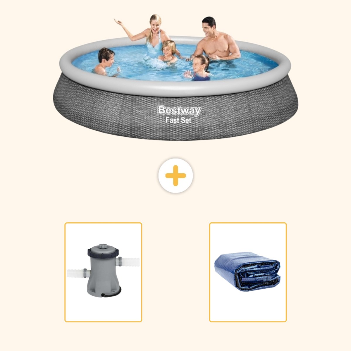 Bestway Rond Opblaasbaar Fast Set Zwembad - Rotanprint - 396 x 84 cm - Inclusief Pomp - Solarzeil - 3-delig
