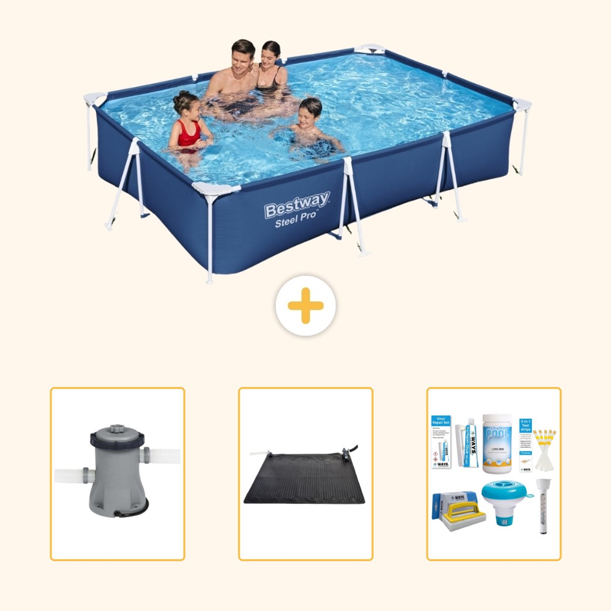 Bestway Rechthoekig Steel Pro Zwembad - 300 x 201 x 66 cm - Blauw - Inclusief Pomp - Solar Mat - Onderhoudspakket - 4-delig