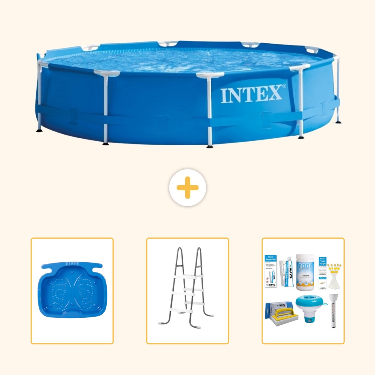 Intex Rond Frame Zwembad - 366 x 76 cm - Blauw - Inclusief Voetenbad - Ladder - Onderhoudspakket - 4-delig
