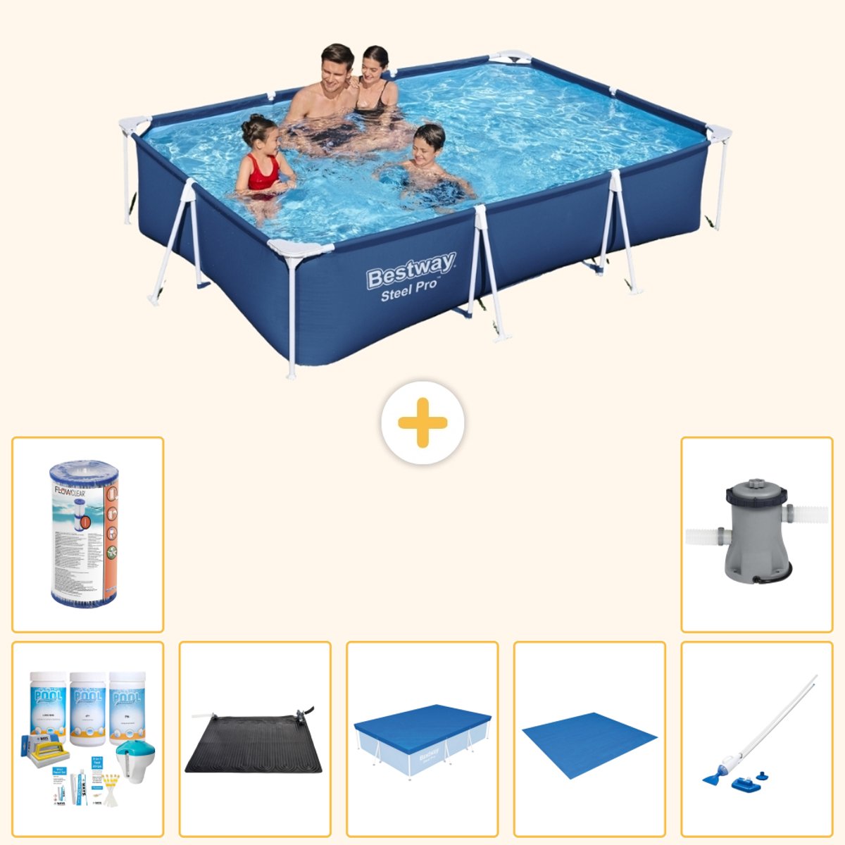 Bestway Rechthoekig Steel Pro Zwembad - 300 x 201 x 66 cm - Blauw - Inclusief Onderhoudspakket - Solar Mat - Afdekzeil - Grondzeil - Filter - Stofzuiger - Zwembadfilterpomp - 8-delig
