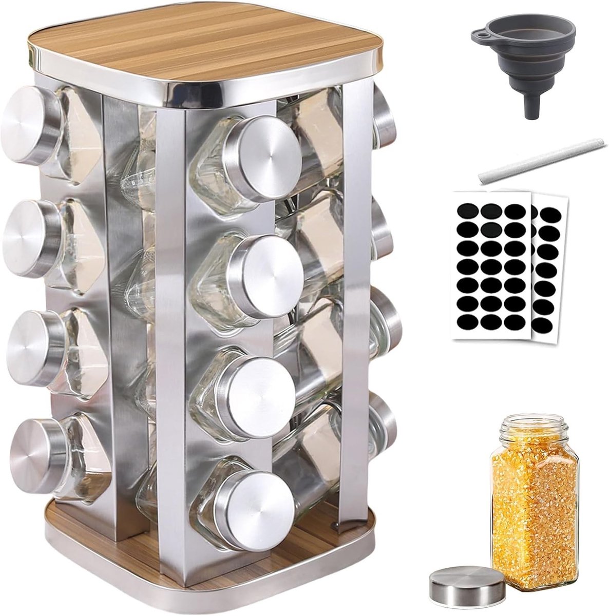 360° Draaibaar Kruidenset met 16 Glazen Potjes (120ml) en Houten Plateau – Ruimtebesparende Kruidhouder voor Keuken – Duurzaam en BPA-vrij Koken