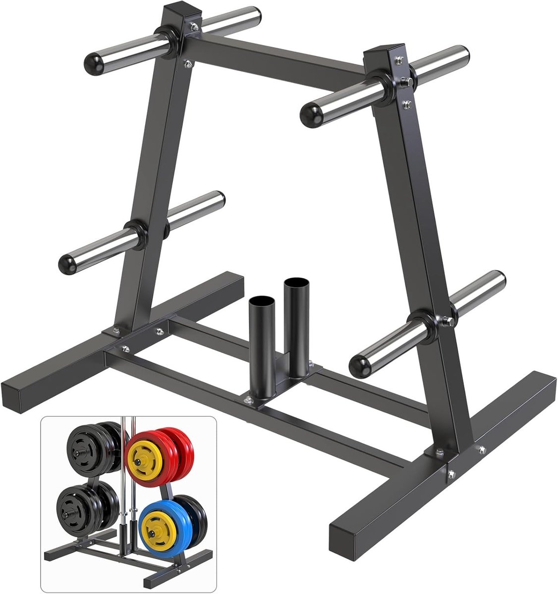 Olympische halterschijf opbergrek met 8 halterpennen en 2 halterhouders, stevige fitness organizer met vergrendelingswielen voor 2 inch platen en stangen