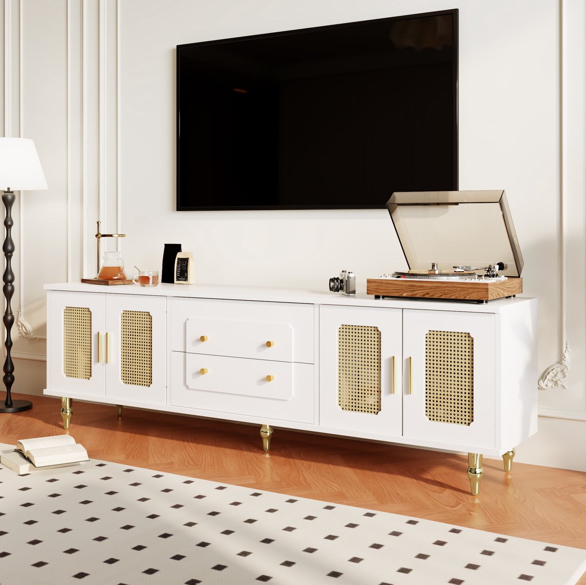COVREO tv meubel 175 x 38 x 55,5 cm - wit, met 4 rotan-look deuren, 2 lades en gouden grepen