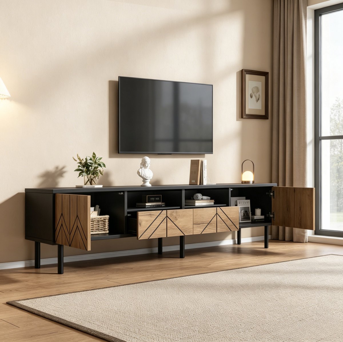 OKWISH TV-meubel - Modern Laag Dressoir Met 2 Deuren En 2 Lades - Voor Woonkamer - Spaanpl