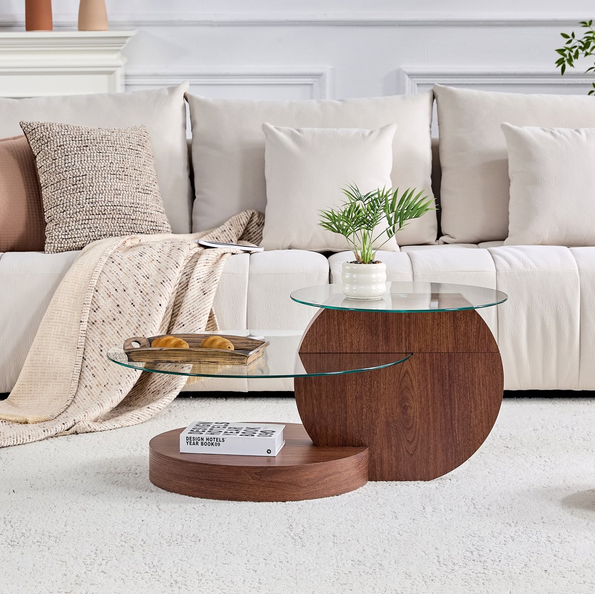 COVREO Salontafel 90x70x44 cm - veiligheidsglas, MDF met walnootlook, transparant