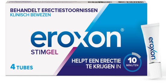 Verpakking van 4 tubes Eroxon Stimgel. Tekst 'Behandelt erectiestoornissen' en 'Helpt een erectie te krijgen in 10 minuten'.
