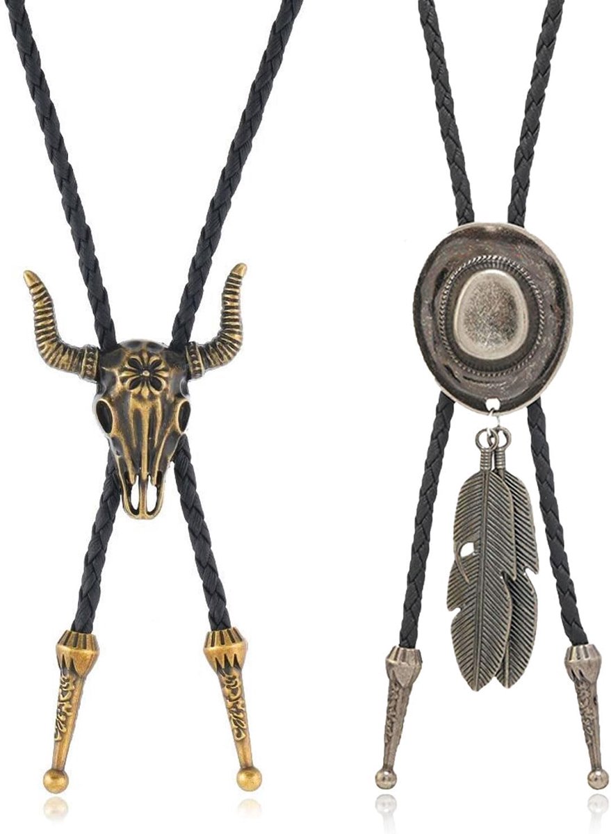 2 Pcs Leather Bolo Tie Cowboy Ties Bronze Adjustable Leather Necklace Cowboy Accessories Vintage Bolo Necklace Cowboy - ShopVlot