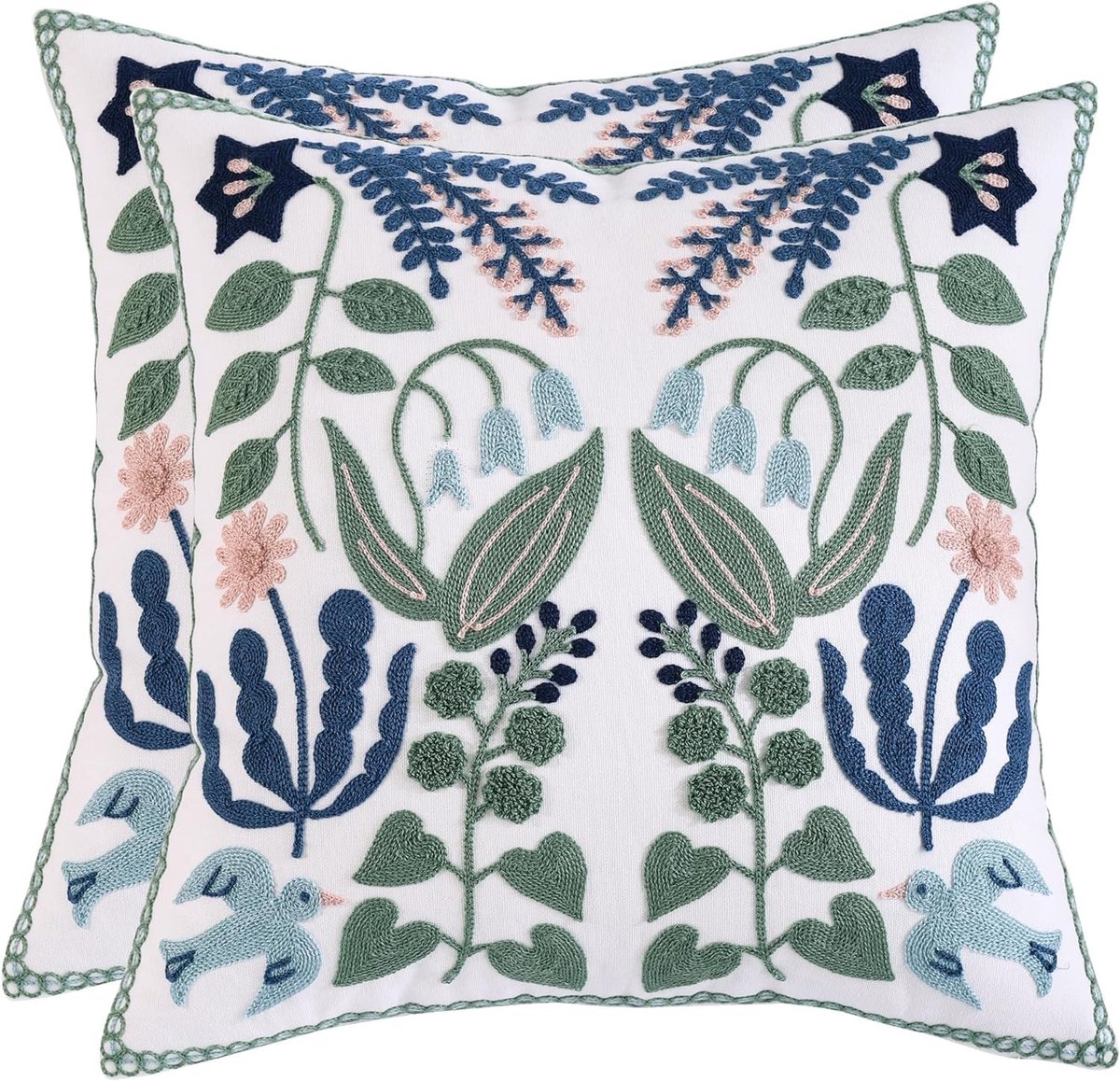 Tosleo Decorative Pillow Cases 16x16 Inch Pack of 2 Green Leaves Swallows Embroidered Throw Pillow Covers, Farmhouse - ShopVlot