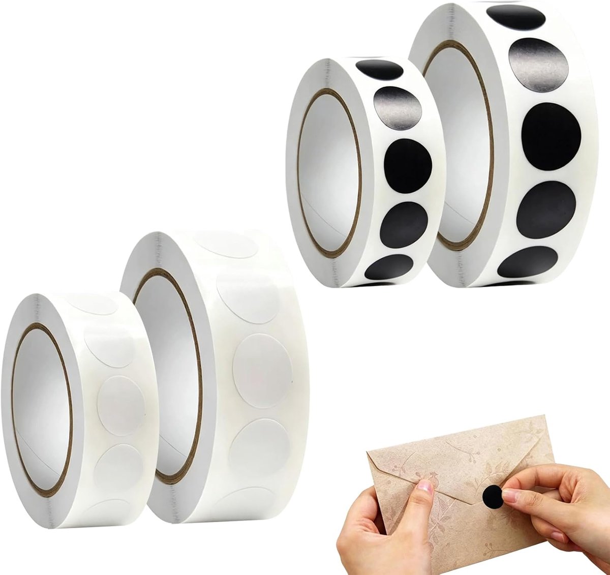 4000 ronde markeringsstickers zwart en wit, 4 rollen met diameters 13 en 19 mm, zelfklevende stippen voor kantoor - ShopVlot