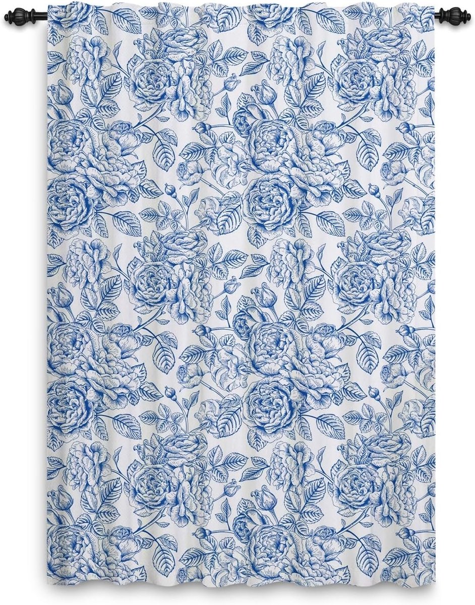 107 x 160 cm gordijn, tas voor stang, bloemenpatroon, blauw, retro, gordijnen met plooien, potloodvorm, lichtfilter - ShopVlot