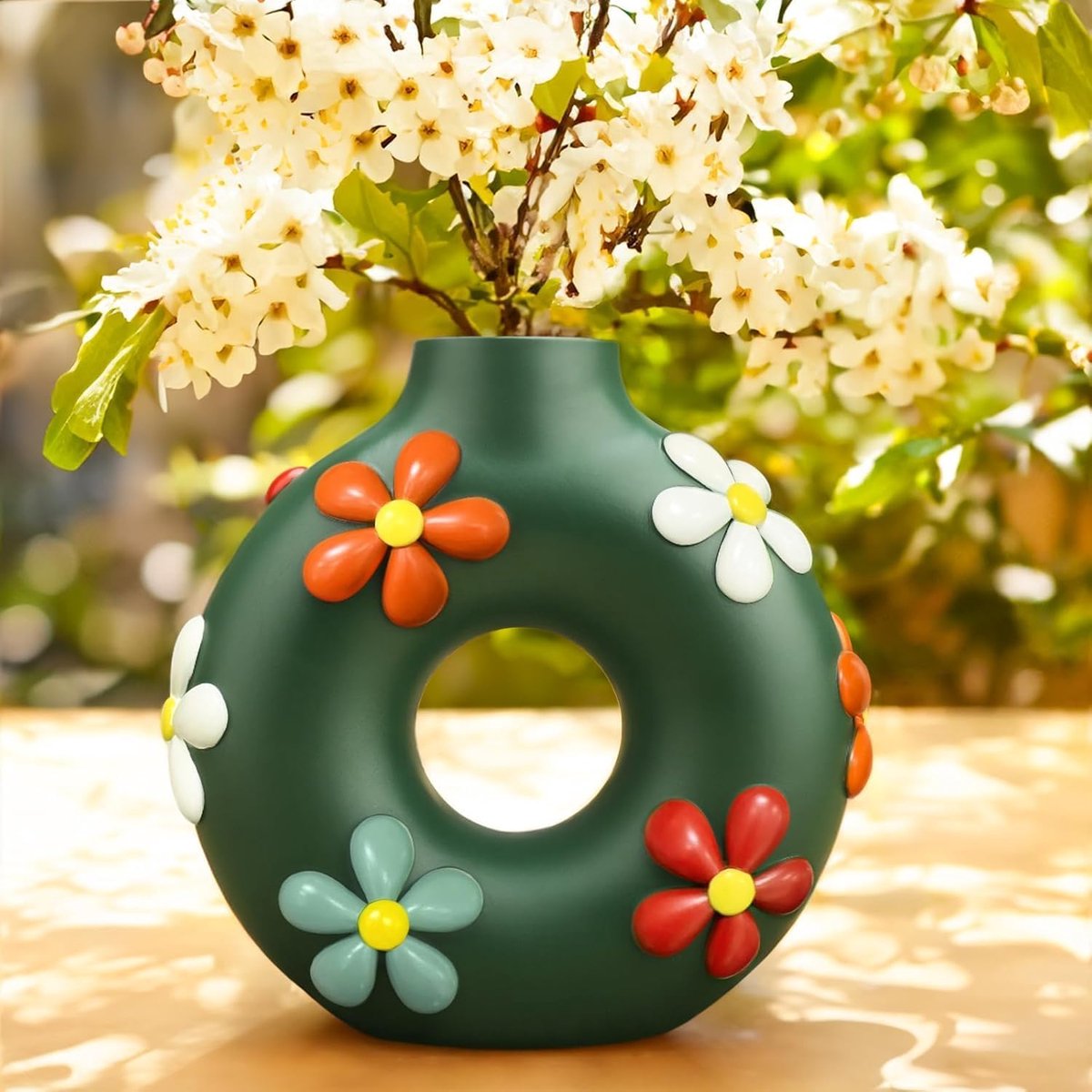 Colorful doughnut vase for flowers, modern boho circular flower vase, decoration living room, unique decorative hollow - ShopVlot