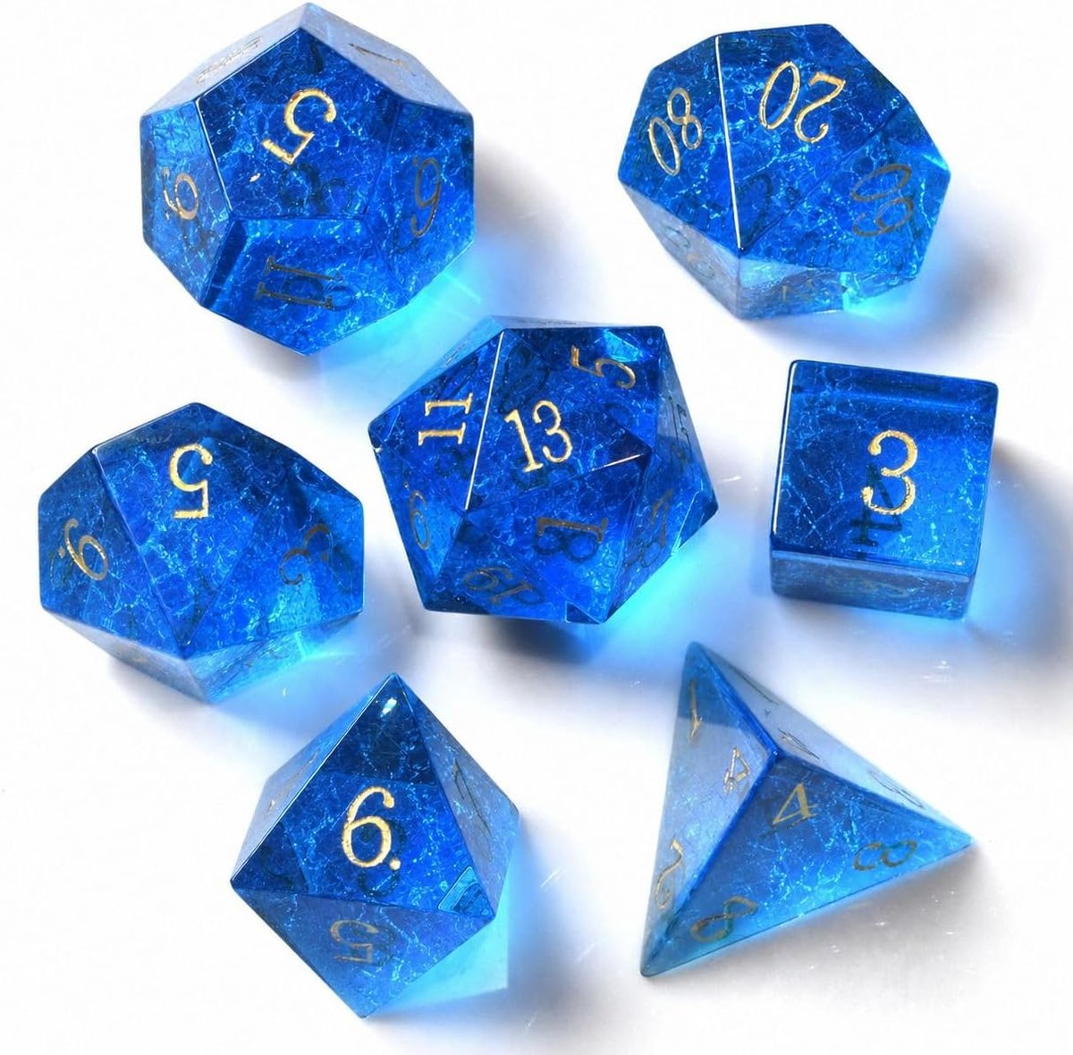 Glazen dobbelstenen set "Shattered" blauw in een metalen doos - ShopVlot