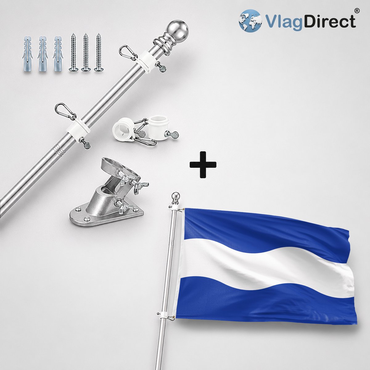 VlagDirect - Compleet vlaggenpakket - Zilveren vlaggenstok inclusief vlaggenstokhouder + Maassluis vlag - Gemeente Maassluis vlag - 90 x 150 cm.