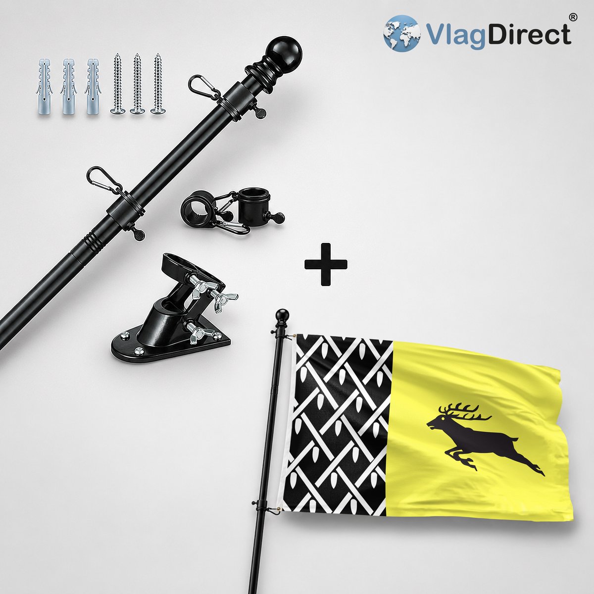 VlagDirect - Compleet vlaggenpakket - Zwarte vlaggenstok inclusief vlaggenstokhouder + Nunspeet vlag - Gemeente Nunspeet vlag - 90 x 150 cm.