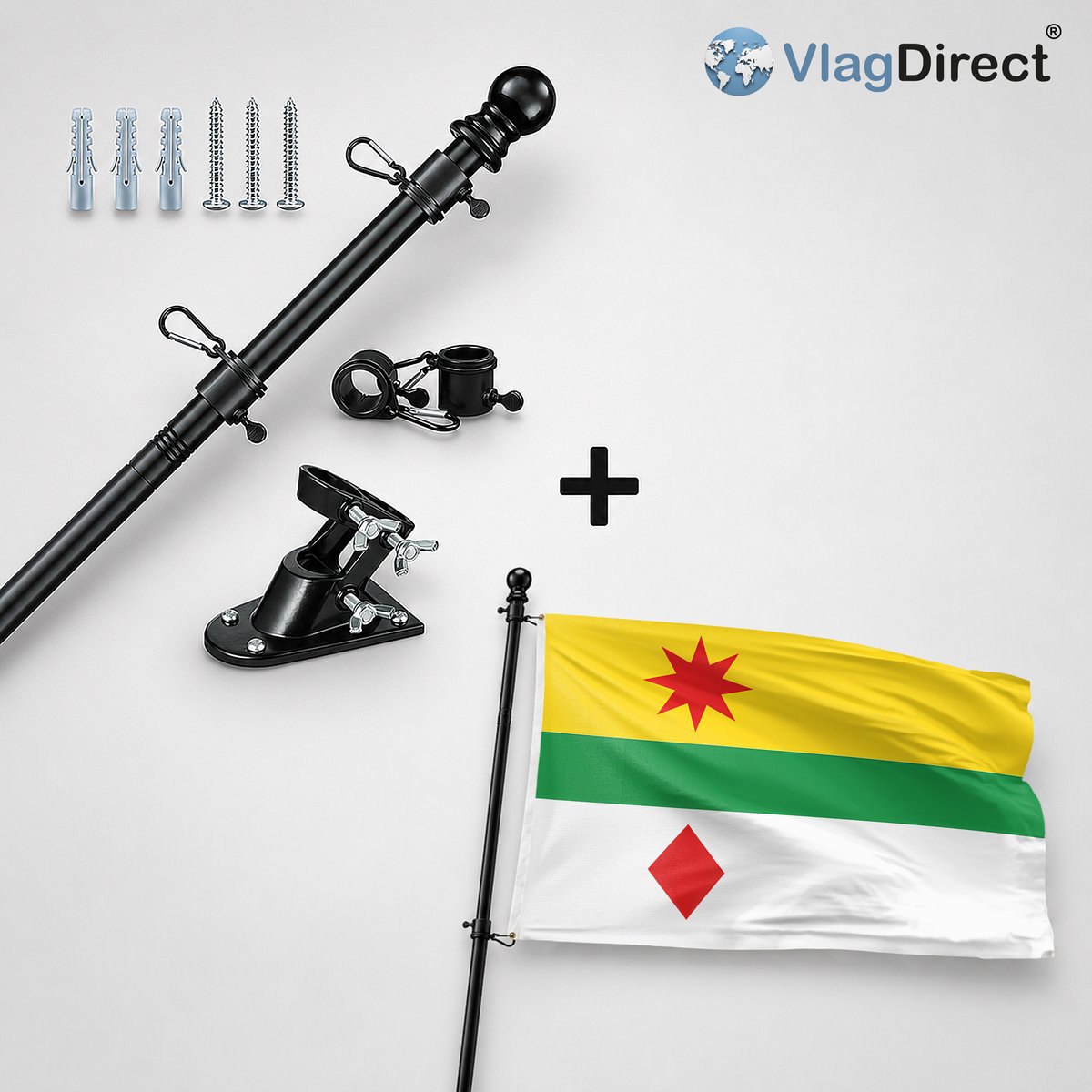 VlagDirect - Compleet vlaggenpakket - Zwarte vlaggenstok inclusief vlaggenstokhouder + Lansingerland vlag - Gemeente Lansingerland vlag - 90 x 150 cm.
