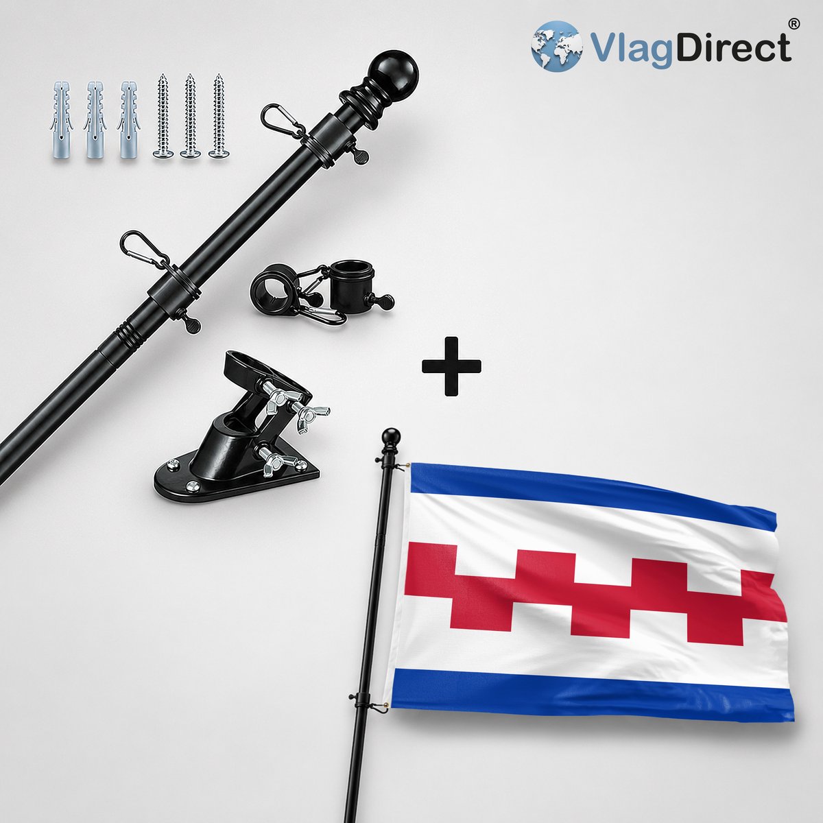 VlagDirect - Compleet vlaggenpakket - Zwarte vlaggenstok inclusief vlaggenstokhouder + Renswoude vlag - Gemeente Renswoude vlag - 90 x 150 cm.